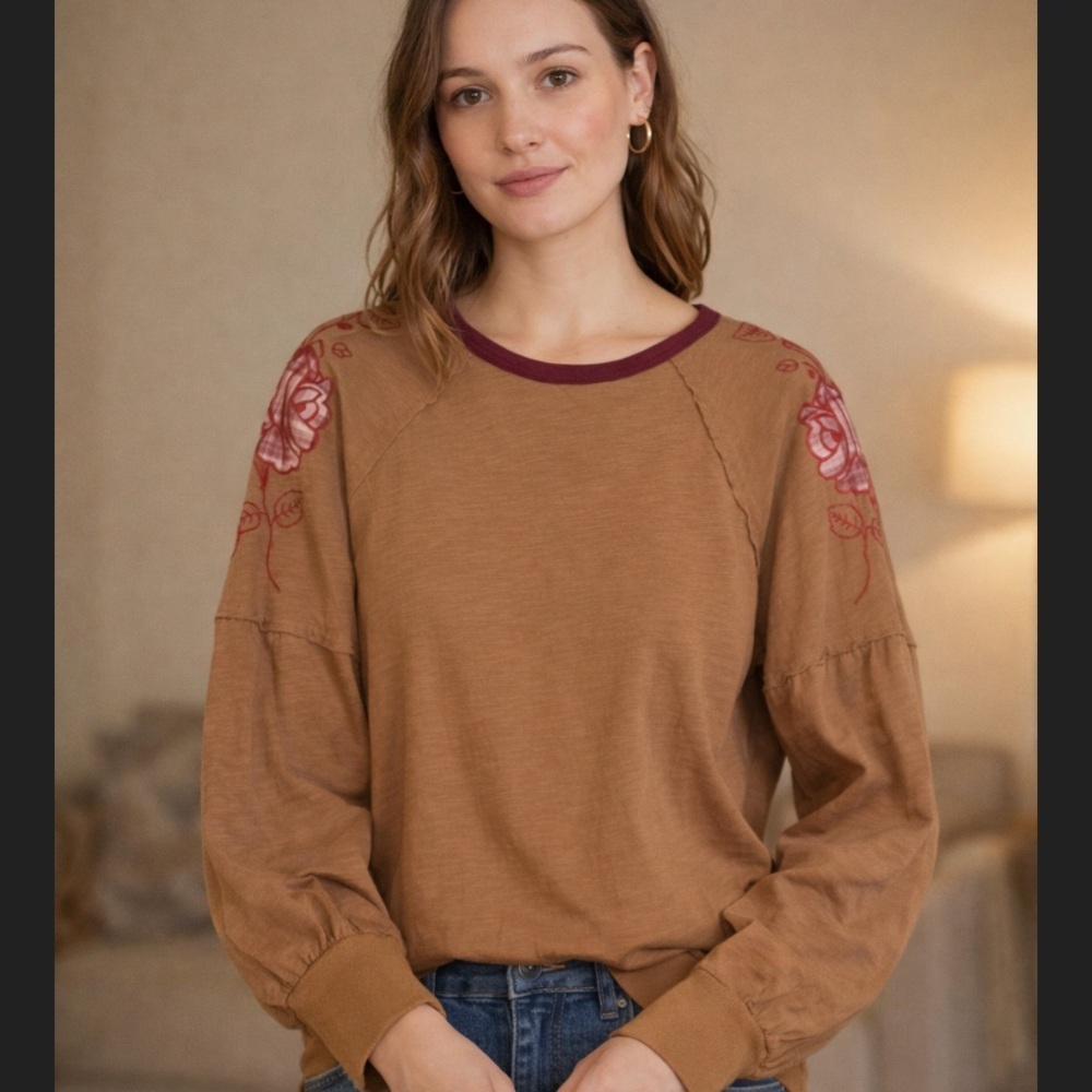 Oddi burnt tan embroidered floral red long sleeve blouse top spring $68 S casual